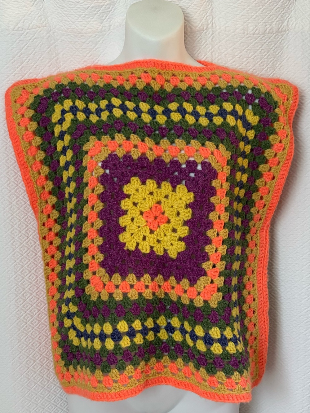 Vintage Colorful Granny Square Handmade Crochet Poncho Vest sz. L